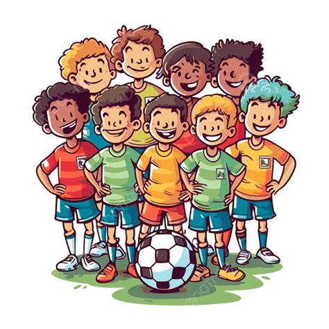 Soccer Team Vector, Sticker Clipart Funny Children Soccer Team Group Posing With Football ...