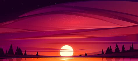 Sunset on lake, red sky with sun go down the pond 15117598 Vector Art ...