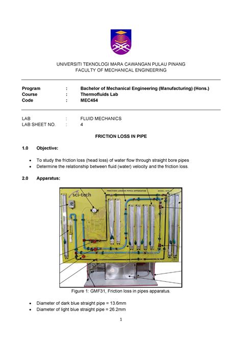 4. Friction Loss in Pipe - 1 UNIVERSITI TEKNOLOGI MARA CAWANGAN PULAU ...