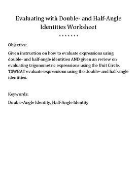 Evaluating with Double- and Half-Angle Identities Worksheet by The Math Pug