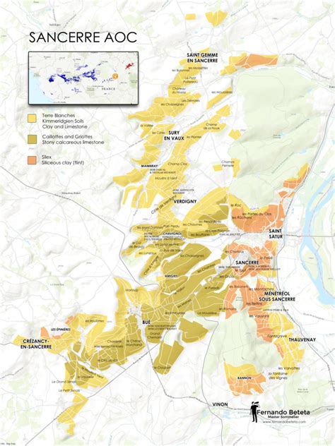 Map of Sancerre with soils and vineyard names — Fernando Beteta, MS ...