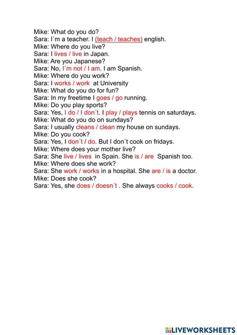 Simple present dialogue exercise worksheet | Teaching english, English as a second language ...