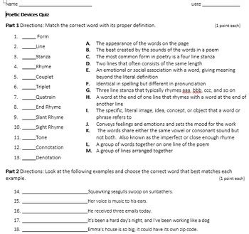 Poetic Devices Quiz by Lady of Shalott | TPT