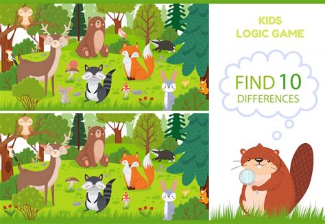 Premium Vector | Forest animals find differences game. Educational kids games characters ...