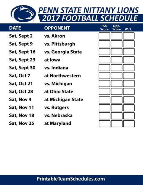 Penn State Printable Football Schedule