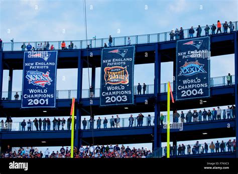 Super Bowl Champion banners at Gillette Stadium, New England Patriots vs. the Dallas Cowboys ...