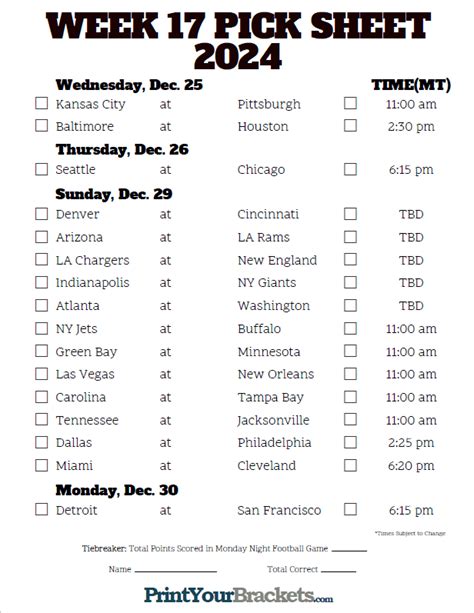 Mountain Time Week 17 NFL Schedule 2024 - Printable