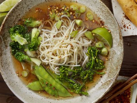 Vegan Miso Soup with Noodles, Broccoli, Snow Peas & Bok Choy