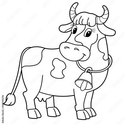 Coloring Page Outline of cartoon cow with bell. Farm animals. Coloring ...