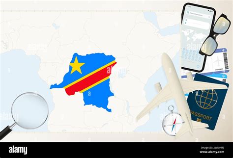 DR Congo map and flag, cargo plane on the detailed map of DR Congo with ...