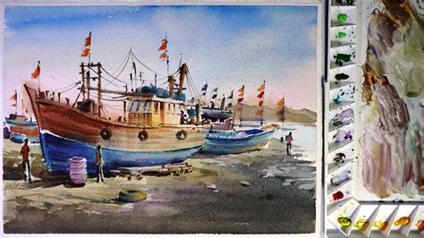 Watercolor painting : Fishing boat in port - YouTube