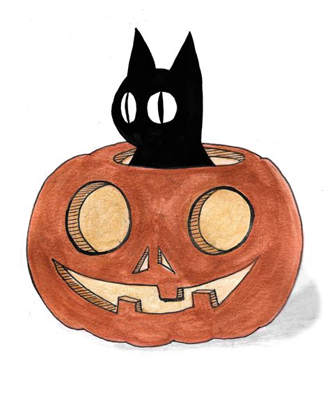 Halloween Pumpkin Black Cat Illustration Inktober Drawing Art Print ...