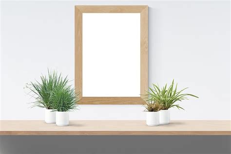 rectangular, brown, wooden, frame wall decor, spider plant, mockup, wall, poster, mock, frame ...