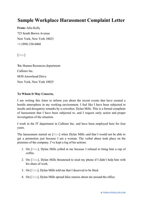 Sample Workplace Harassment Complaint Letter Download Printable PDF ...