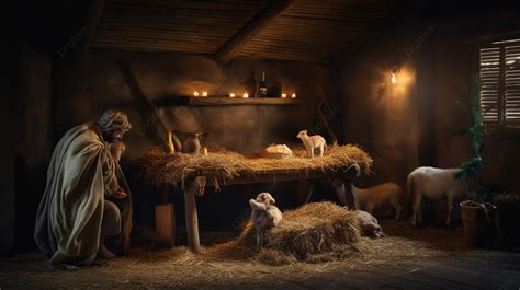 Nativity Scene With Goats And Sheep In The Manger Background, Picture ...