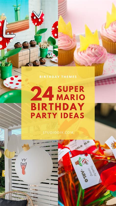 collage of 24 Mario birthday party ideas