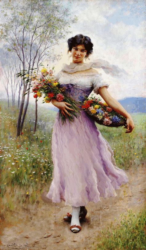a painting of a woman holding flowers in her hands and walking down a dirt road
