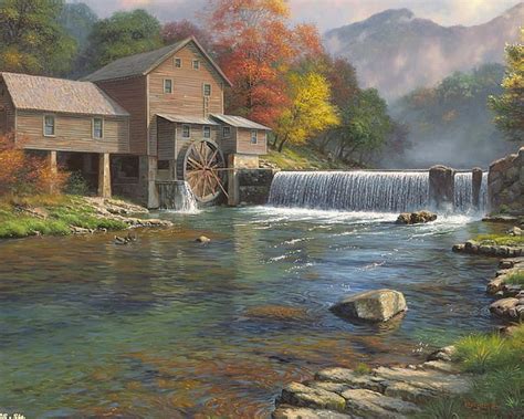 Old Mill and Waterfalls, architecture, autumn, house, grass, rock, old, clouds, HD wallpaper ...