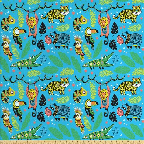 Animal Fabric by The Yard, Colorful Pattern of Various Jungle Animals in a Tropic Setting ...