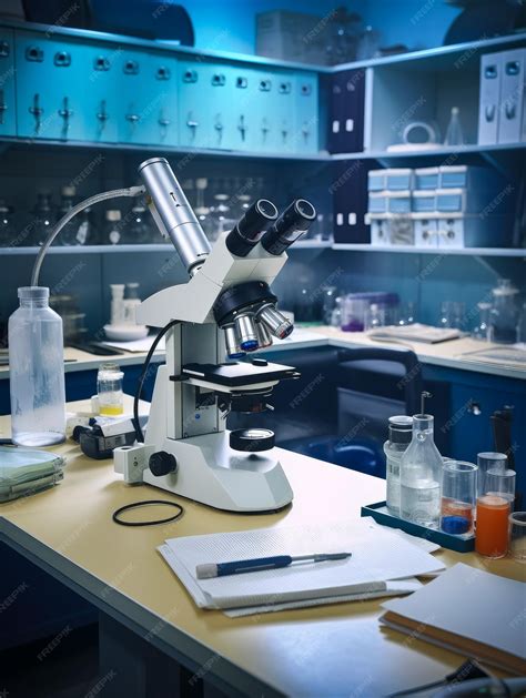 Premium Photo | A microscope sits on a desk in a lab with a blue shelf and a pen on the wall.