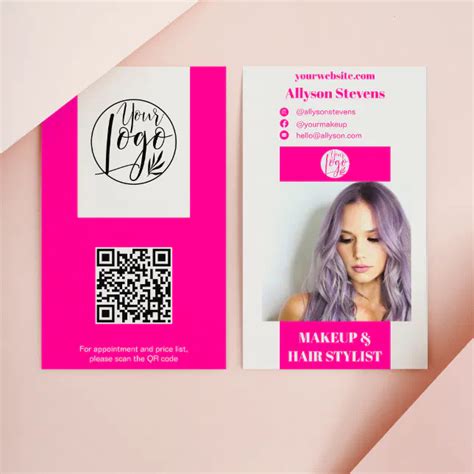 Modern neon pink makeup hair photo qr code logo business card | Zazzle