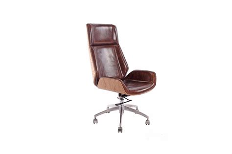 Designer High Back Office Chair Walnut wood - Vintage Brown Leather ...