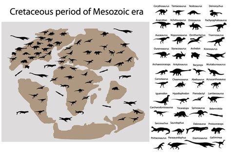 Dinosaurs of cretaceous period on map