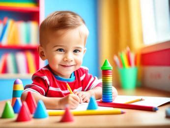 A little boy sitting at a table playing with colored crayons Image ...