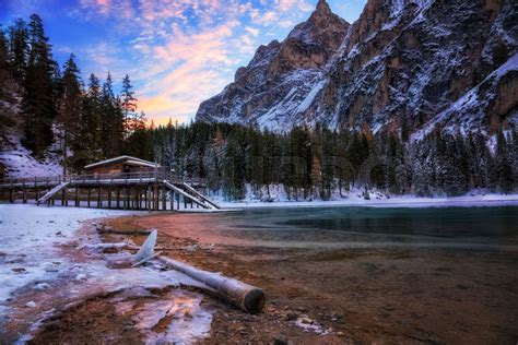 winter sunrise over Lago di Braies, Dolomites, Italy | Stock image ...