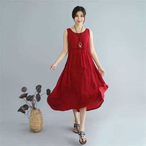 Patchwork Tunic Cotton Linen Dress Women Elegant Summer Red Dresses ...