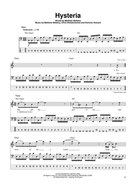 Hysteria by Muse Sheet Music for Bass Guitar PlayAlong at Sheet Music Direct