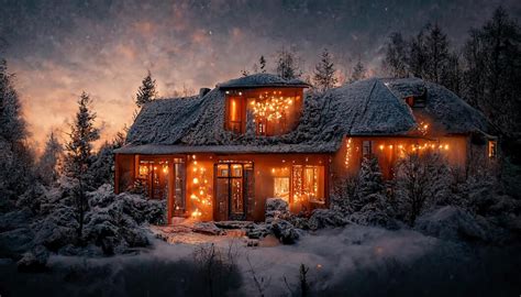 Premium Photo | Onestorey cottage in winter The cottage is decorated with green lights Cottage ...