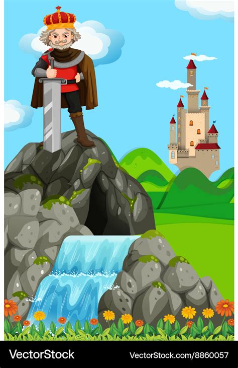 King with giant sword in his kingdom Royalty Free Vector