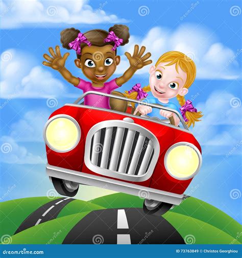 Cartoon Girls Driving Car stock vector. Illustration of friends - 73763849