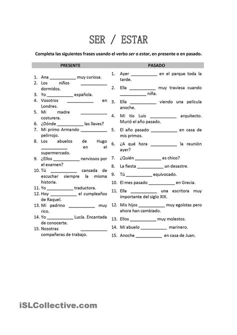 Ser And Estar Worksheets