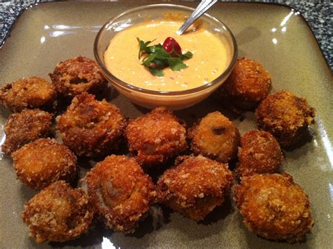 Deep Fried Mushrooms with Red Pepper Aioli Dipping Sauce