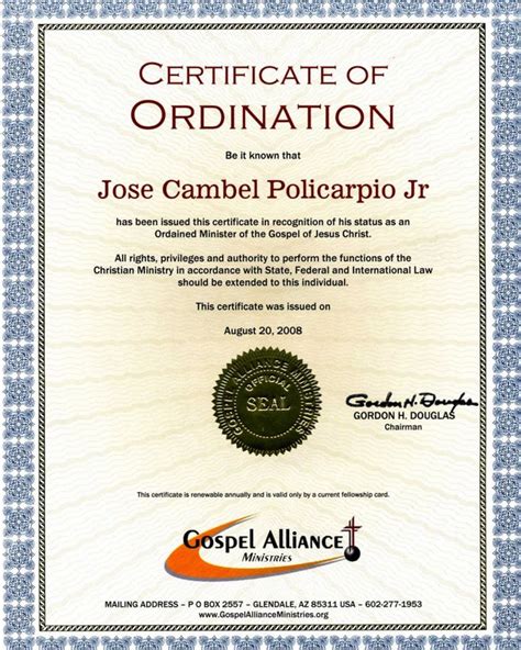 Browse Our Printable Pastor Ordination Certificate Template ...