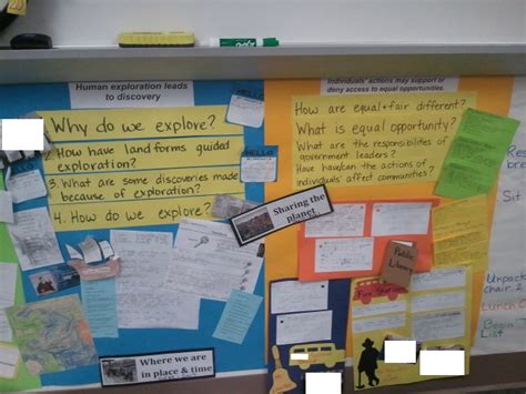 a bulletin board with several different types of notes on it and people standing in the background