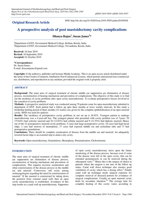 (PDF) A prospective analysis of post mastoidectomy cavity complications