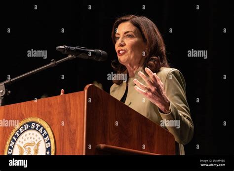 Governor Kathy Hochul speaks during House Democratic Leader Hakeem Jeffries 2023 community ...