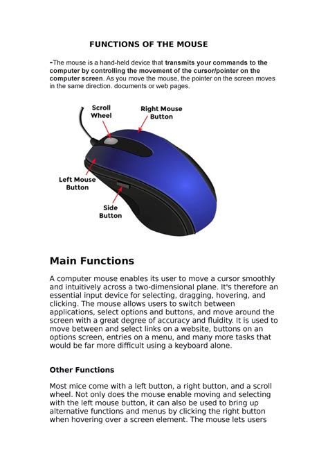 Functions OF THE Mouse and the importance - FUNCTIONS OF THE MOUSE - The mouse is a hand-held ...