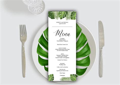 Menu Card Template Tropical Wedding Menu Printable Greenery | Etsy