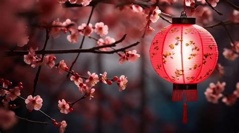 Premium AI Image | Chinese lanterns cherry blossoms and full moon at ...