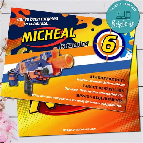 Editable Nerf Gun - Dart Gun Birthday Party Invitation DIY | Createpartylabels