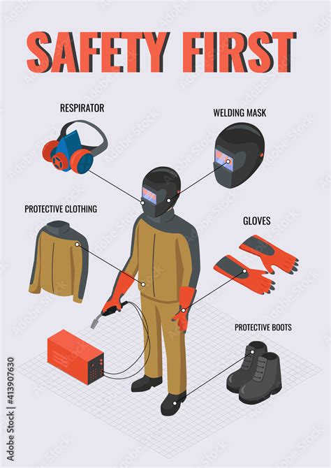 Work safety. Isometric welder wearing welding mask, respirator, gloves, protective clothing and ...