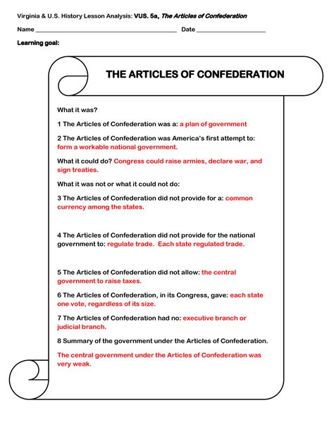 Articles of Confederation Completed Notes - Virginia & U. History Lesson Analysis: VUS. 5a, The ...