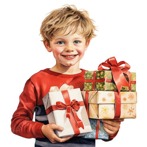 Cheerful Boy Holding His Presents On A Christmas Morning, Santa Gift ...