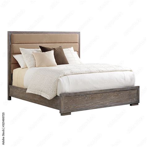 Queen Size Bed Isolated on White Background. Italia Queen-Size Wooden Bed with Linen & Oak Wood ...