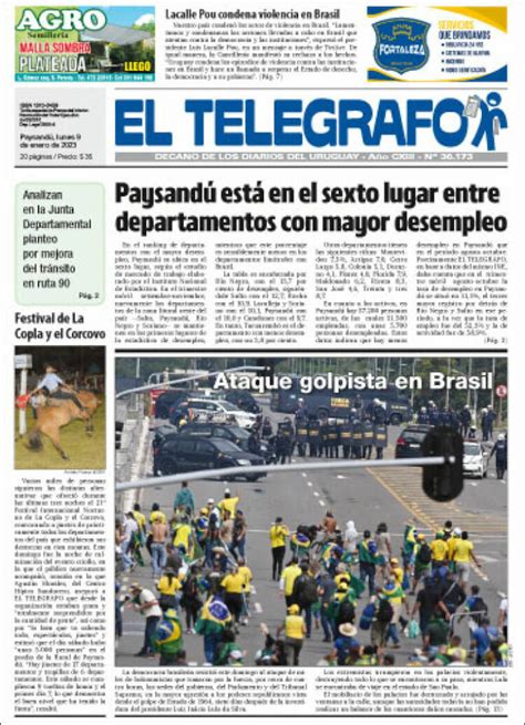 Newspaper El Telégrafo (Uruguay). Newspapers in Uruguay. Monday's edition, January 9 of 2023 ...