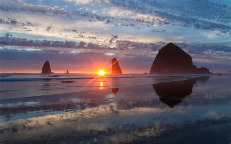 Download Cannon Beach Haystack Rock Pacific Ocean Oregon Coast Cliff Nature Sunset HD Wallpaper